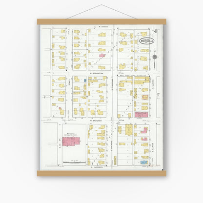 Old map wall art mockup — magnetic wood frame on white wall — Sanborn Fire Insurance Map from Monticello, White County, Indiana (1919), Sheet #0004