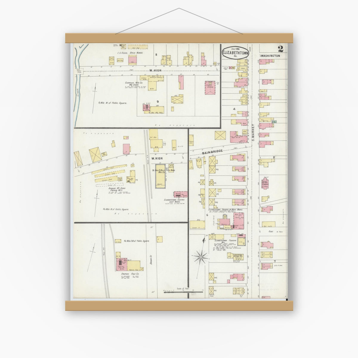 Old map wall art mockup — magnetic wood frame on white wall — Sanborn Fire Insurance Map from Elizabethtown, Lancaster County, Pennsylvania (1896), Sheet #0002