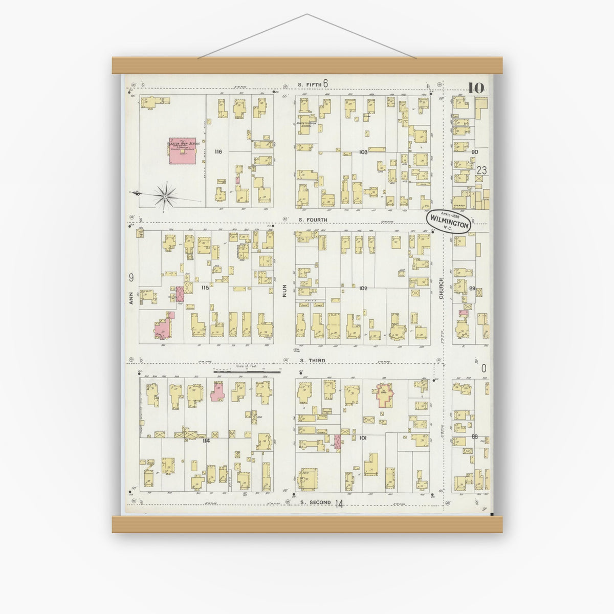Old map wall art mockup — magnetic wood frame on white wall — Sanborn Fire Insurance Map from Wilmington, New Hanover County, North Carolina (1898), Sheet #0010