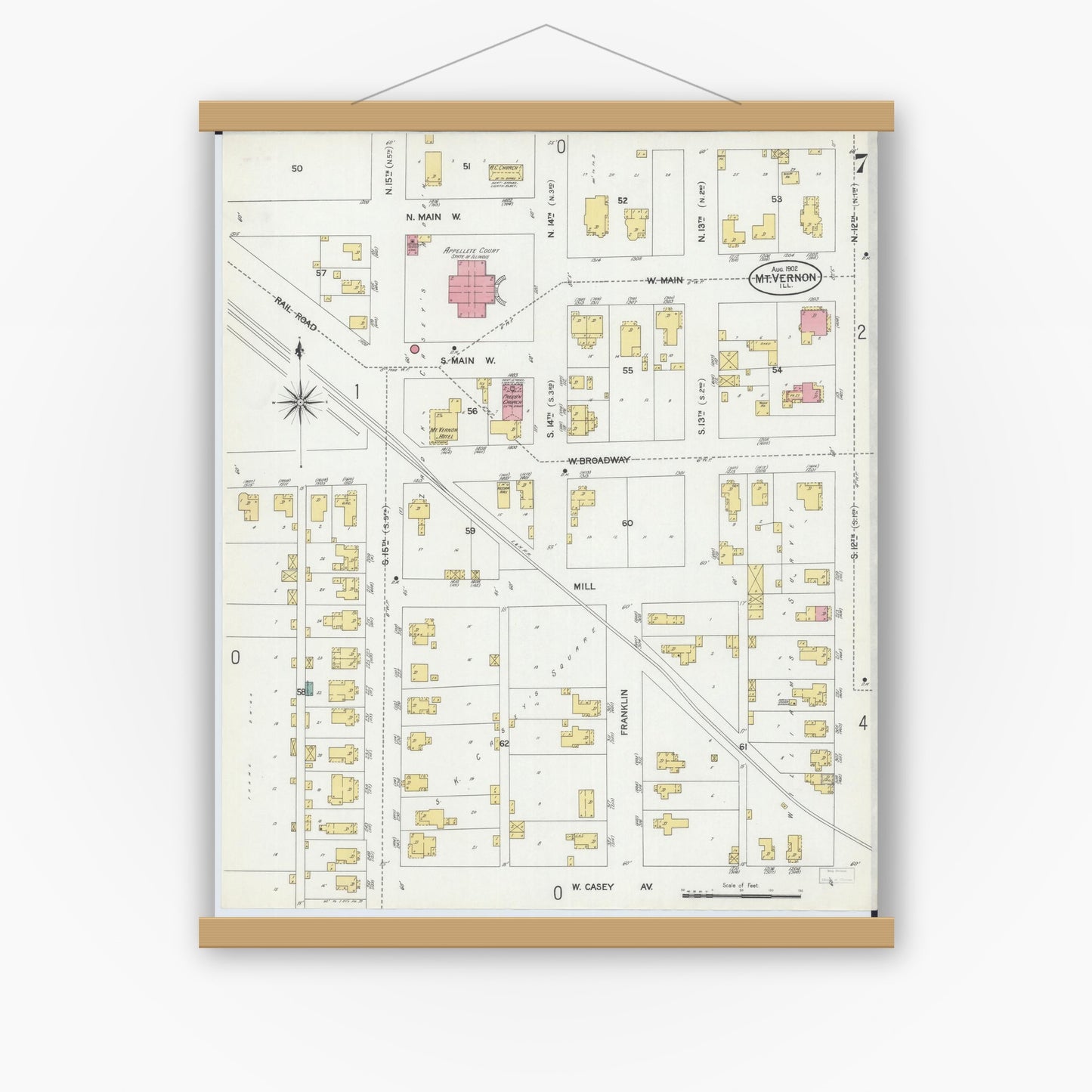 Old map wall art mockup — magnetic wood frame on white wall — Sanborn Fire Insurance Map from Mount Vernon, Jefferson County, Illinois (1902), Sheet #0007