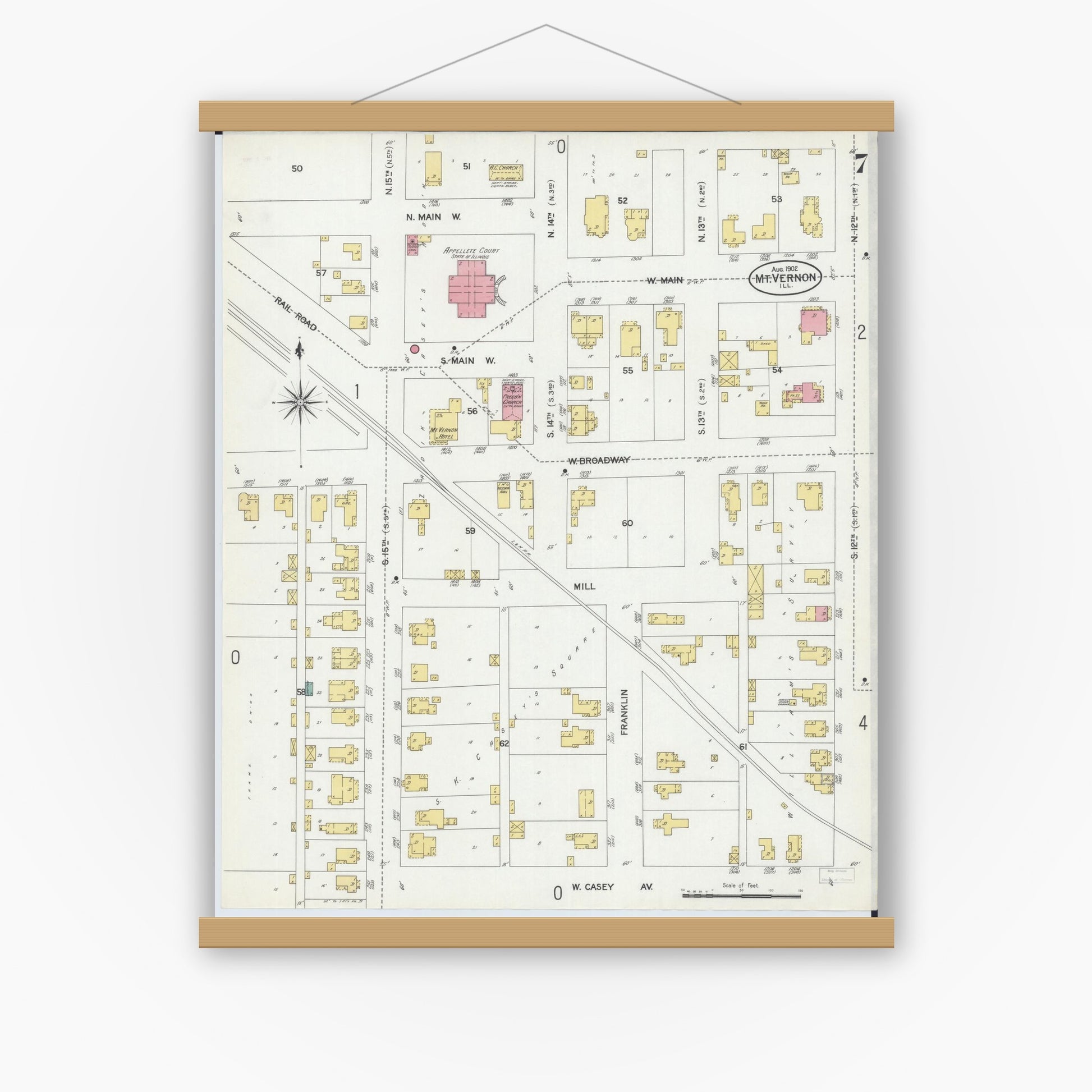 Old map wall art mockup — magnetic wood frame on white wall — Sanborn Fire Insurance Map from Mount Vernon, Jefferson County, Illinois (1902), Sheet #0007