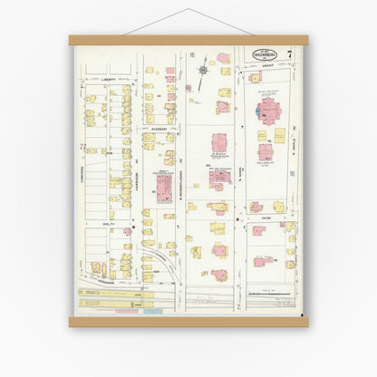 Old map wall art mockup — magnetic wood frame on white wall — Sanborn Fire Insurance Map from Greensburg, Westmoreland County, Pennsylvania (1915), Sheet #0007
