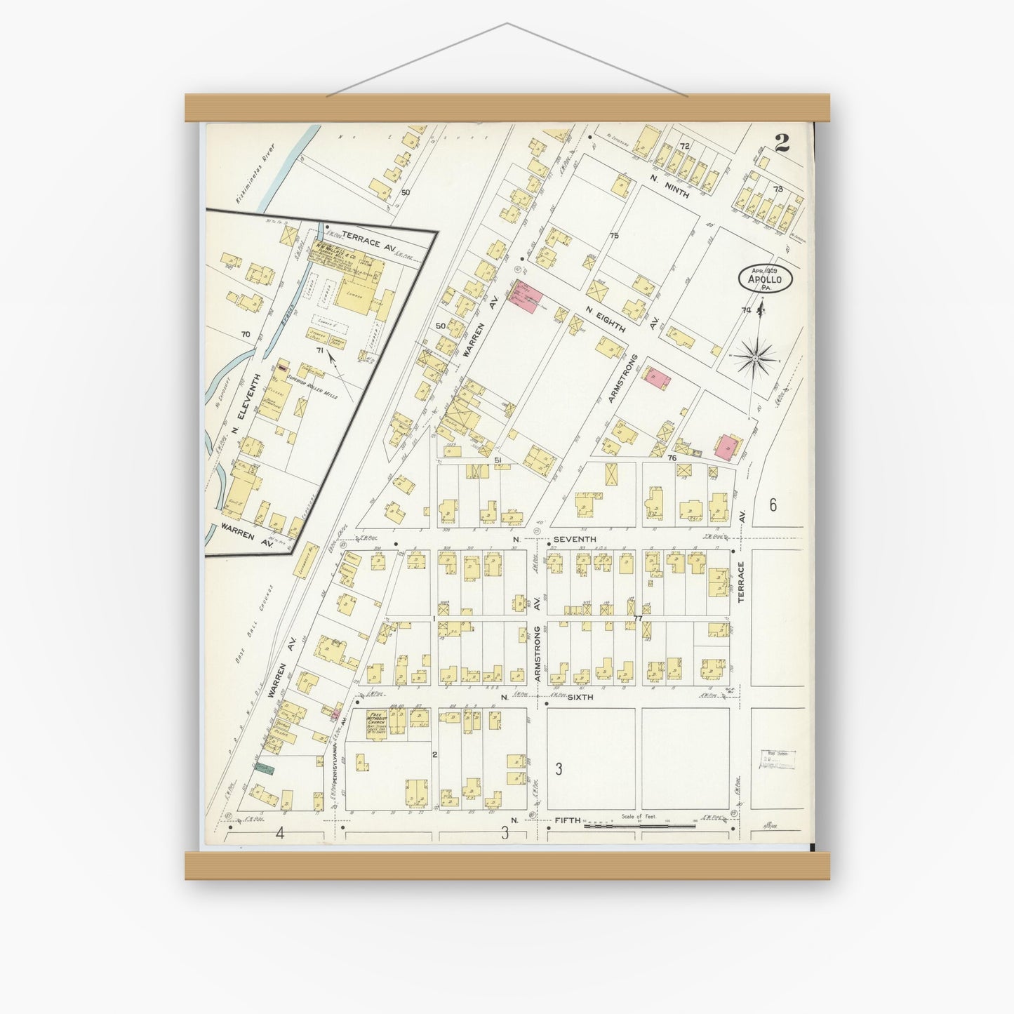 Old map wall art mockup — magnetic wood frame on white wall — Sanborn Fire Insurance Map from Apollo, Armstrong County, Pennsylvania (1909), Sheet #0002