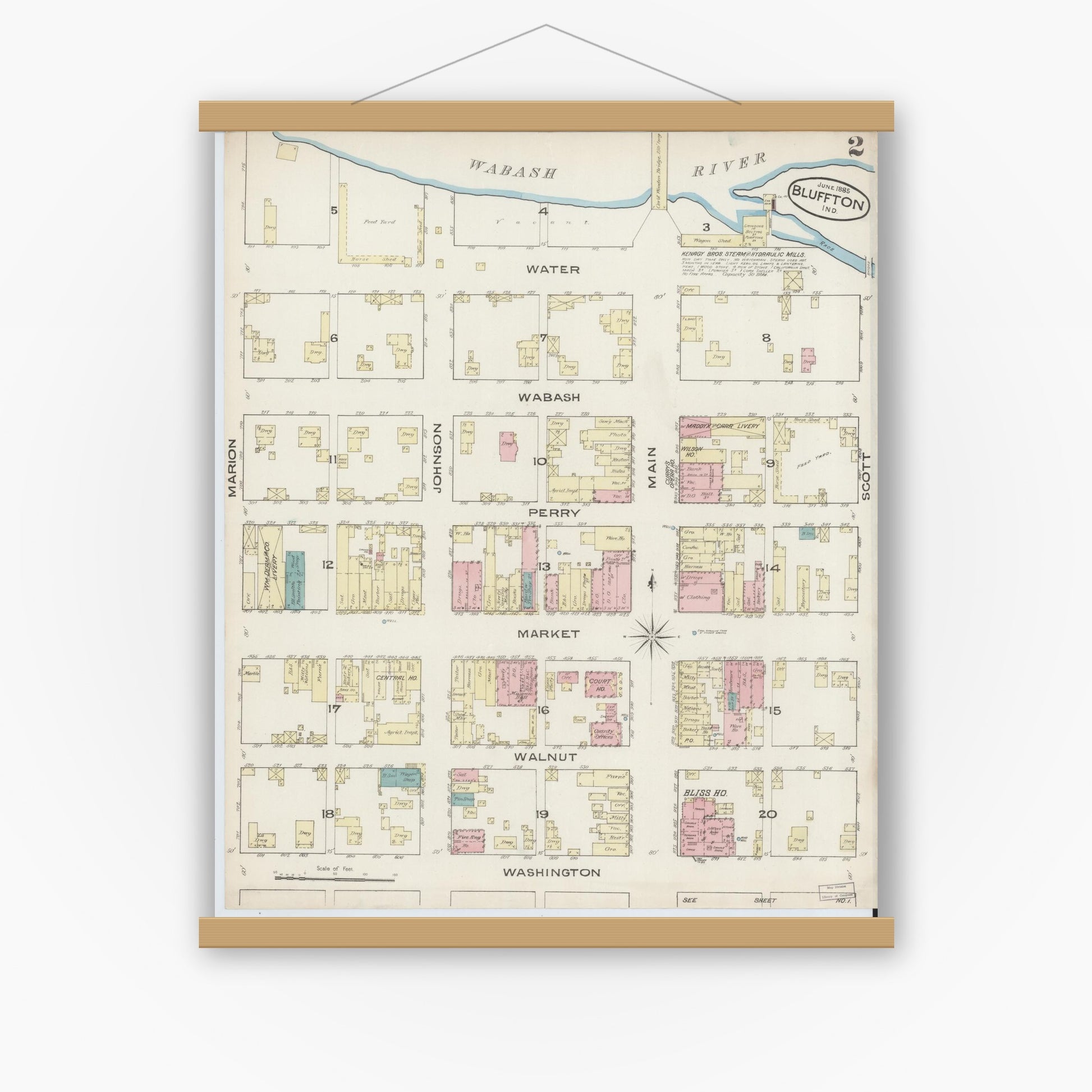 Old map wall art mockup — magnetic wood frame on white wall — Sanborn Fire Insurance Map from Bluffton, Wells County, Indiana (1885), Sheet #0002