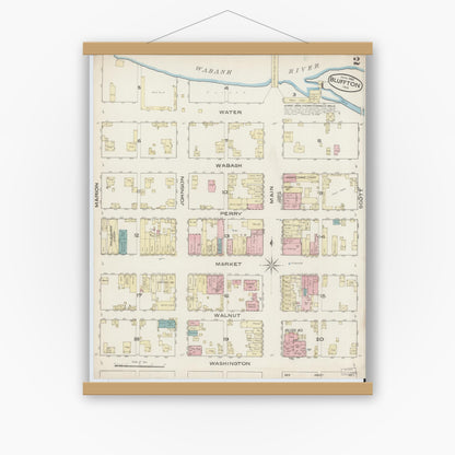 Old map wall art mockup — magnetic wood frame on white wall — Sanborn Fire Insurance Map from Bluffton, Wells County, Indiana (1885), Sheet #0002