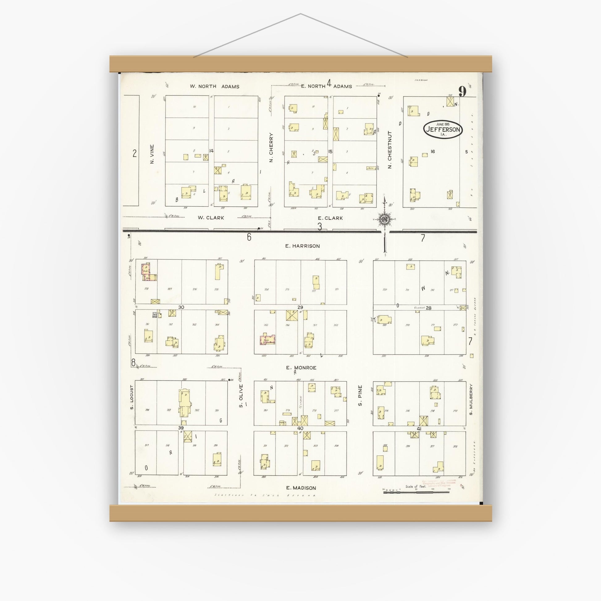 Old map wall art mockup — magnetic wood frame on white wall — Sanborn Fire Insurance Map from Jefferson, Greene County, Iowa (1915), Sheet #0009