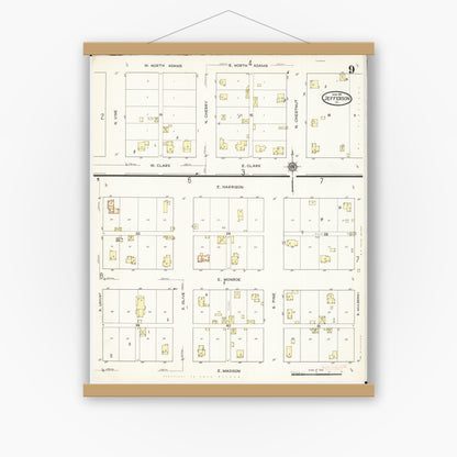 Old map wall art mockup — magnetic wood frame on white wall — Sanborn Fire Insurance Map from Jefferson, Greene County, Iowa (1915), Sheet #0009