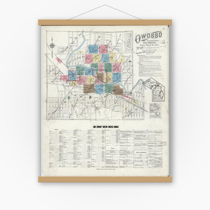 Old map wall art mockup — magnetic wood frame on white wall — Sanborn Fire Insurance Map from Owosso, Shiawassee County, Michigan (1924) - Complete Map Set