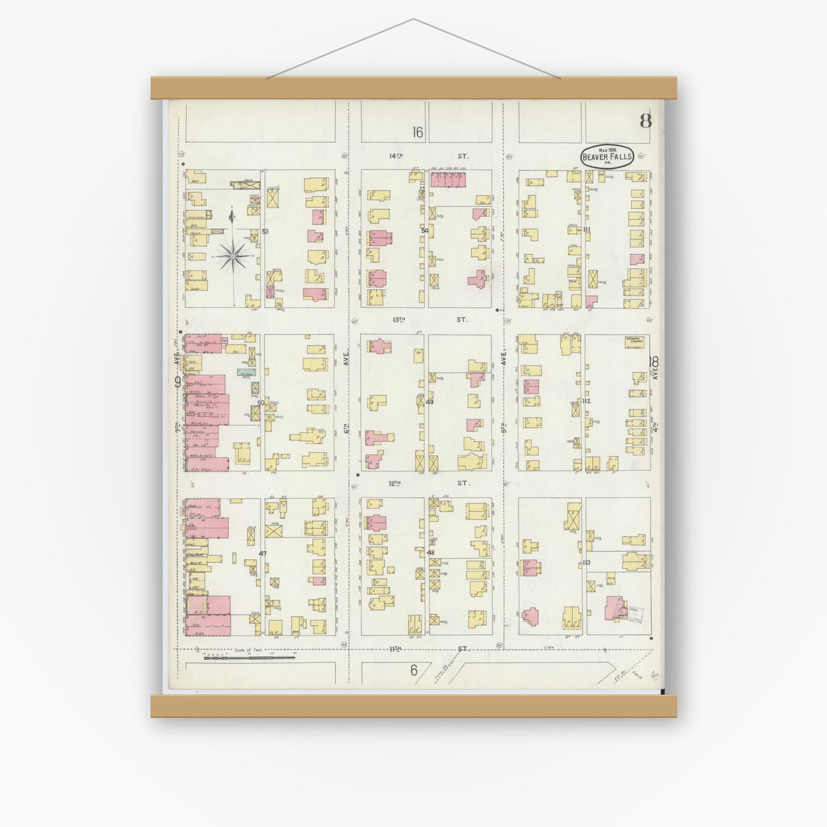 Old map wall art mockup — magnetic wood frame on white wall — Sanborn Fire Insurance Map from Beaver Falls, Beaver County, Pennsylvania (1896), Sheet #0008