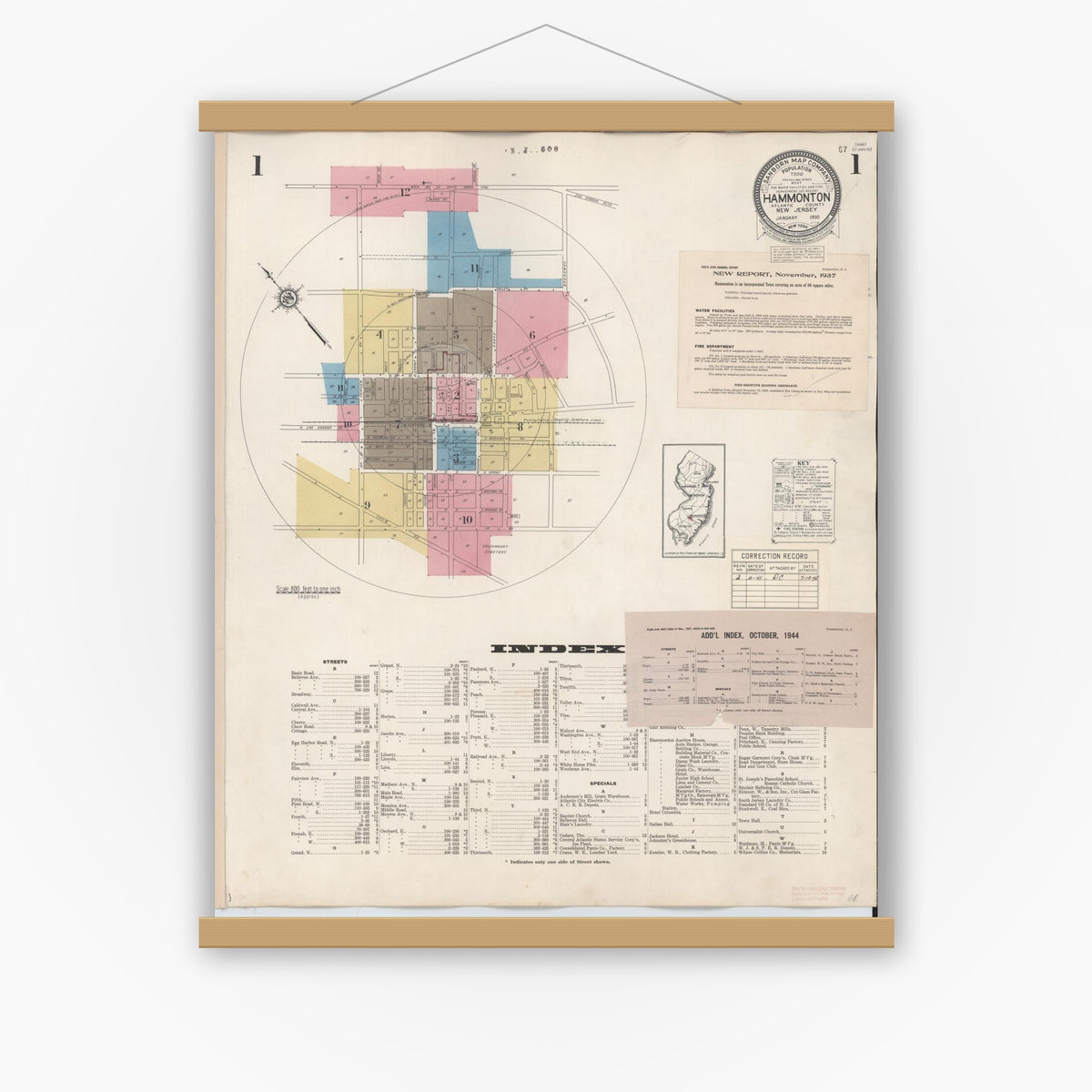 Old map wall art mockup — magnetic wood frame on white wall — Sanborn Fire Insurance Map from Hammonton, Atlantic County, New Jersey (1944), Sheet #0001