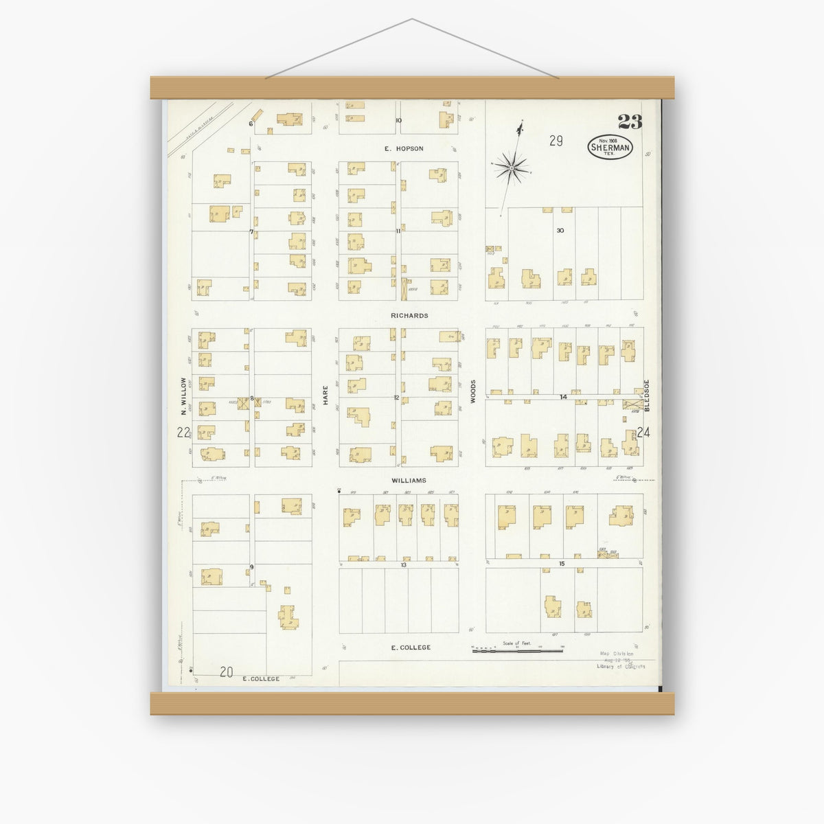 Old map wall art mockup — magnetic wood frame on white wall — Sanborn Fire Insurance Map from Sherman, Grayson County, Texas (1908), Sheet #0023