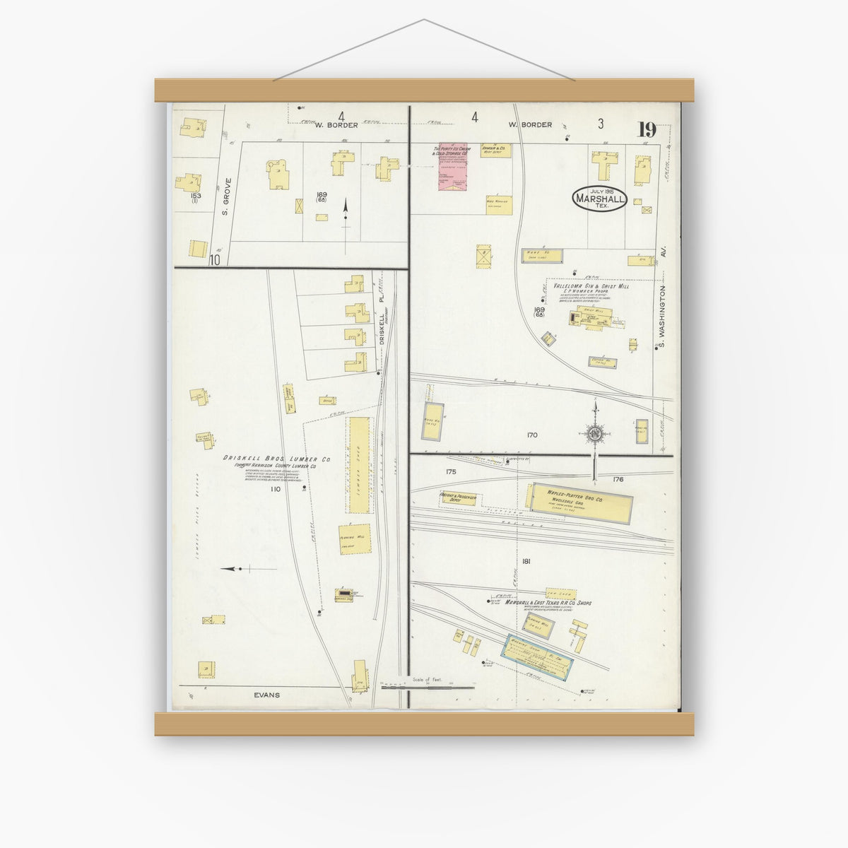Old map wall art mockup — magnetic wood frame on white wall — Sanborn Fire Insurance Map from Marshall, Harrison County, Texas (1915), Sheet #0019
