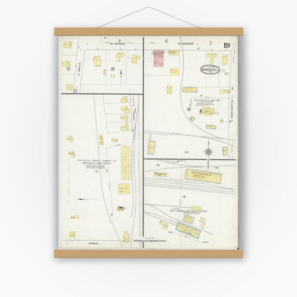 Old map wall art mockup — magnetic wood frame on white wall — Sanborn Fire Insurance Map from Marshall, Harrison County, Texas (1915), Sheet #0019