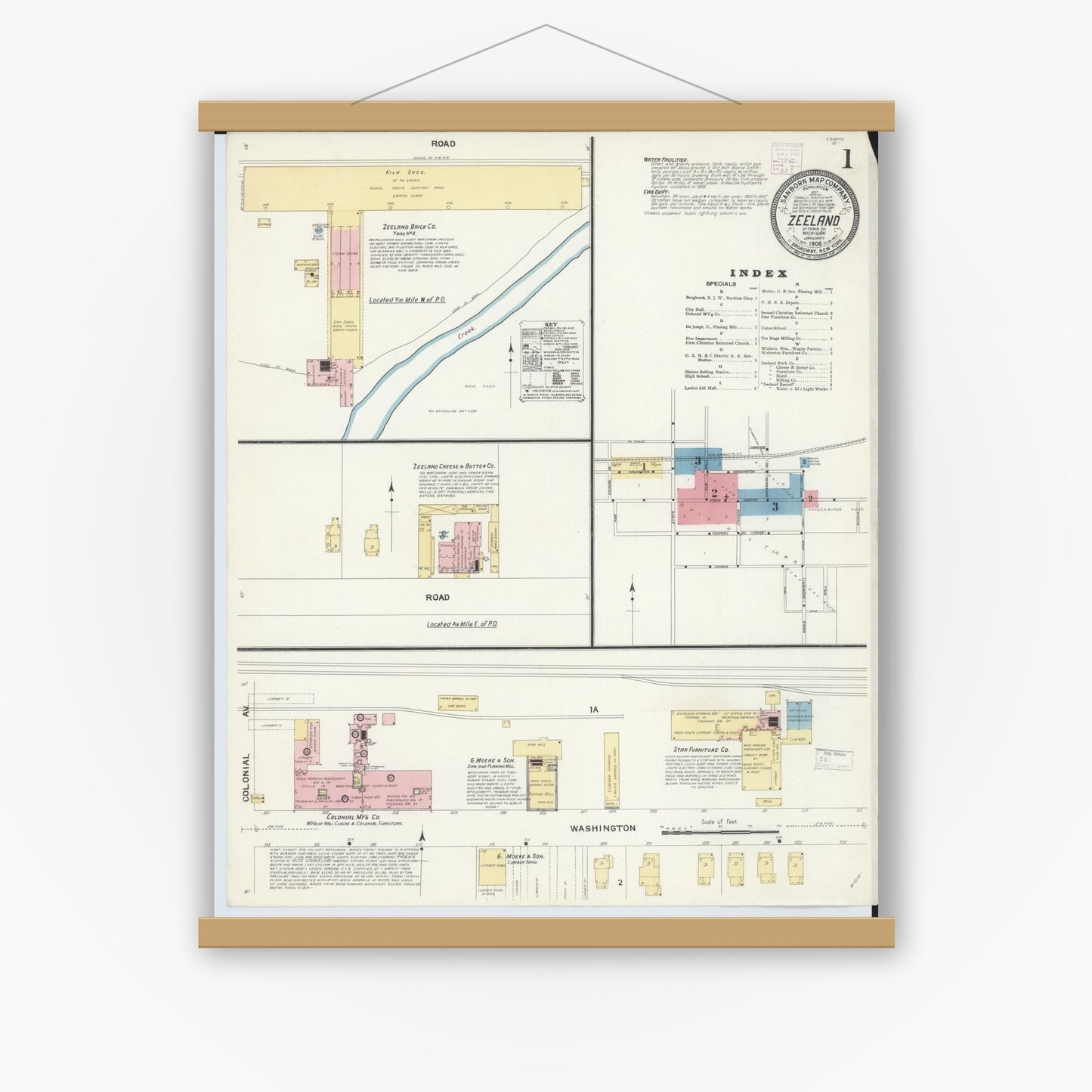 Old map wall art mockup — magnetic wood frame on white wall — Sanborn Fire Insurance Map from Zeeland, Ottawa County, Michigan (1908), Sheet #0001