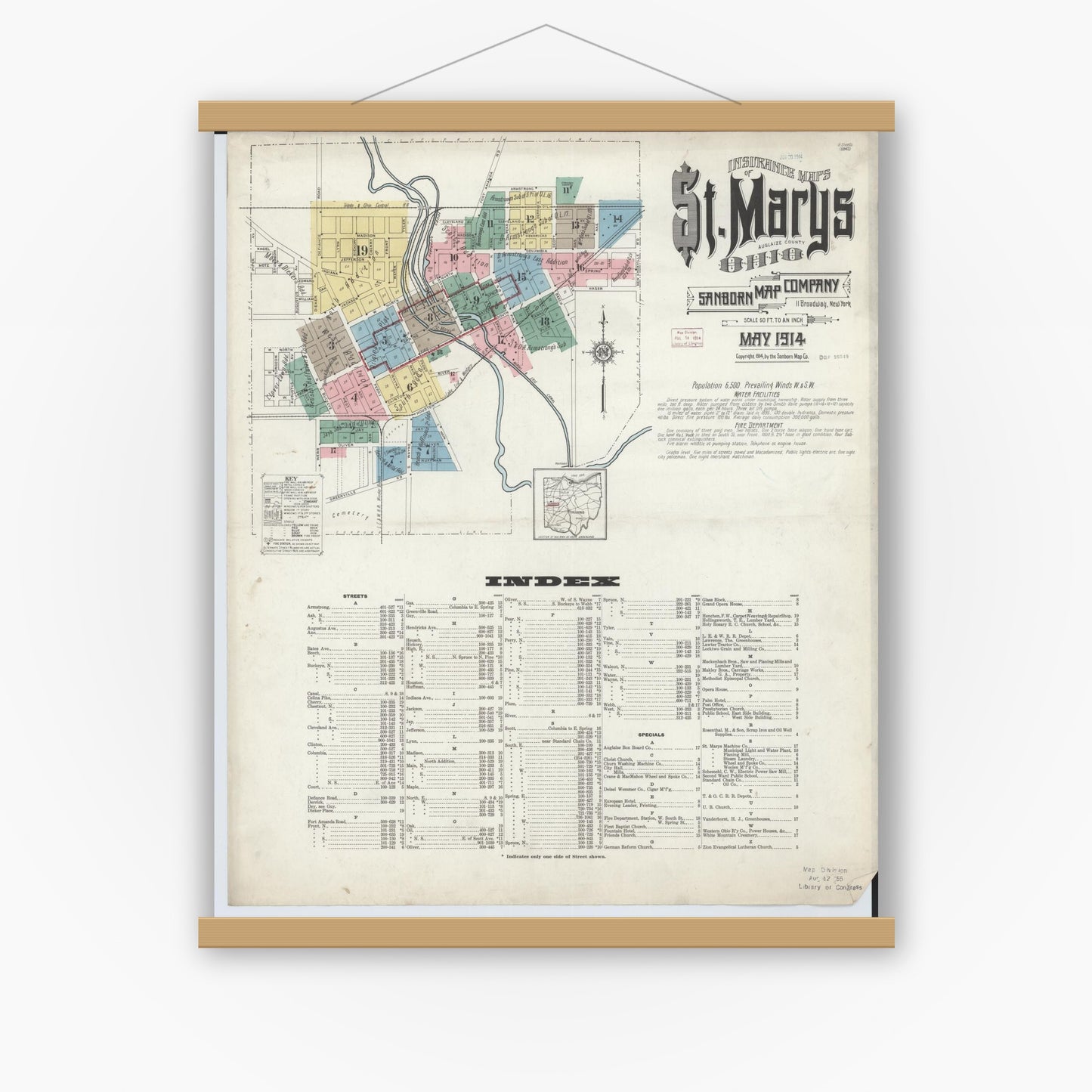 Old map wall art mockup — magnetic wood frame on white wall — Sanborn Fire Insurance Map from Saint Marys, Auglaize County, Ohio (1914) - Complete Map Set