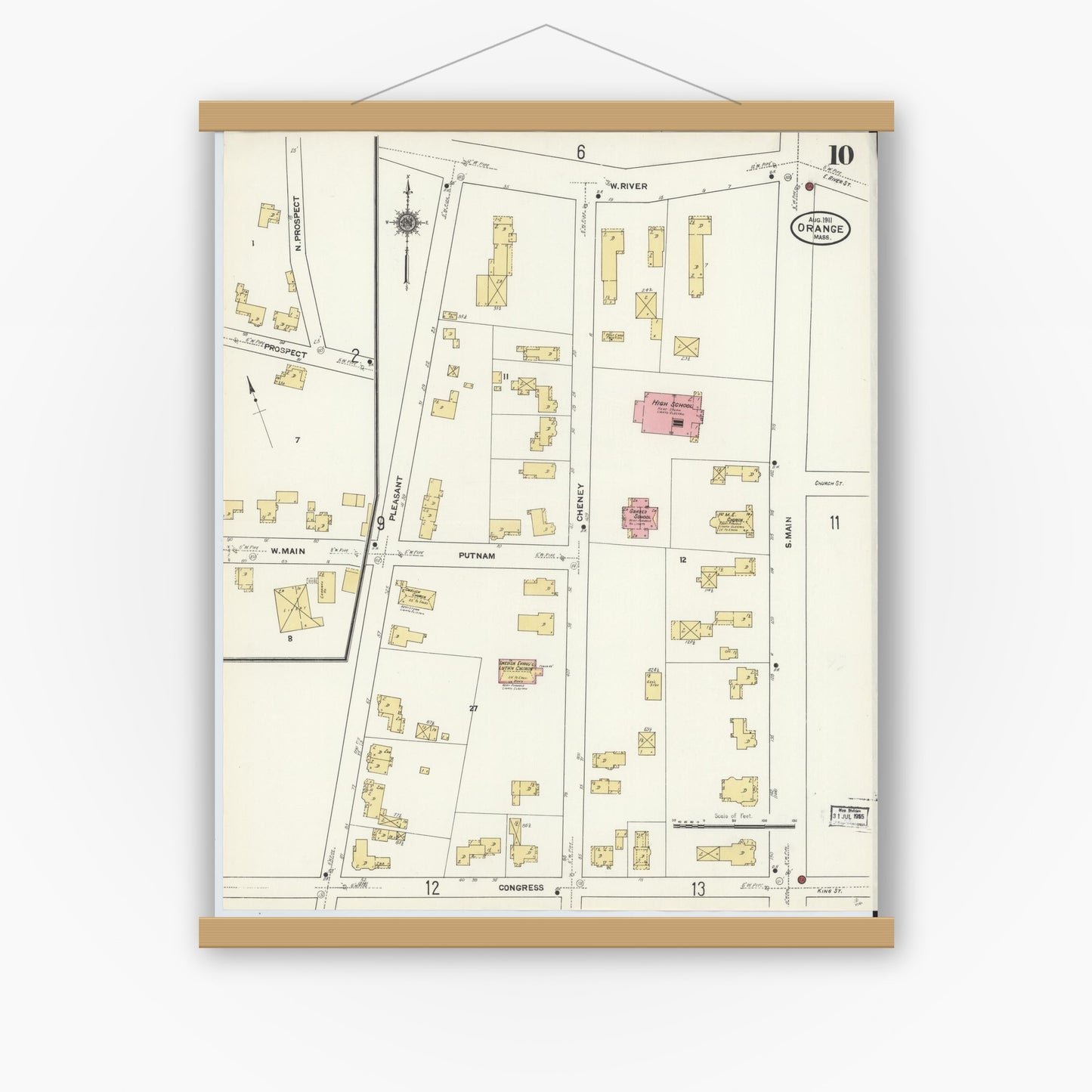 Old map wall art mockup — magnetic wood frame on white wall — Sanborn Fire Insurance Map from Orange, Franklin County, Massachusetts (1911), Sheet #0010