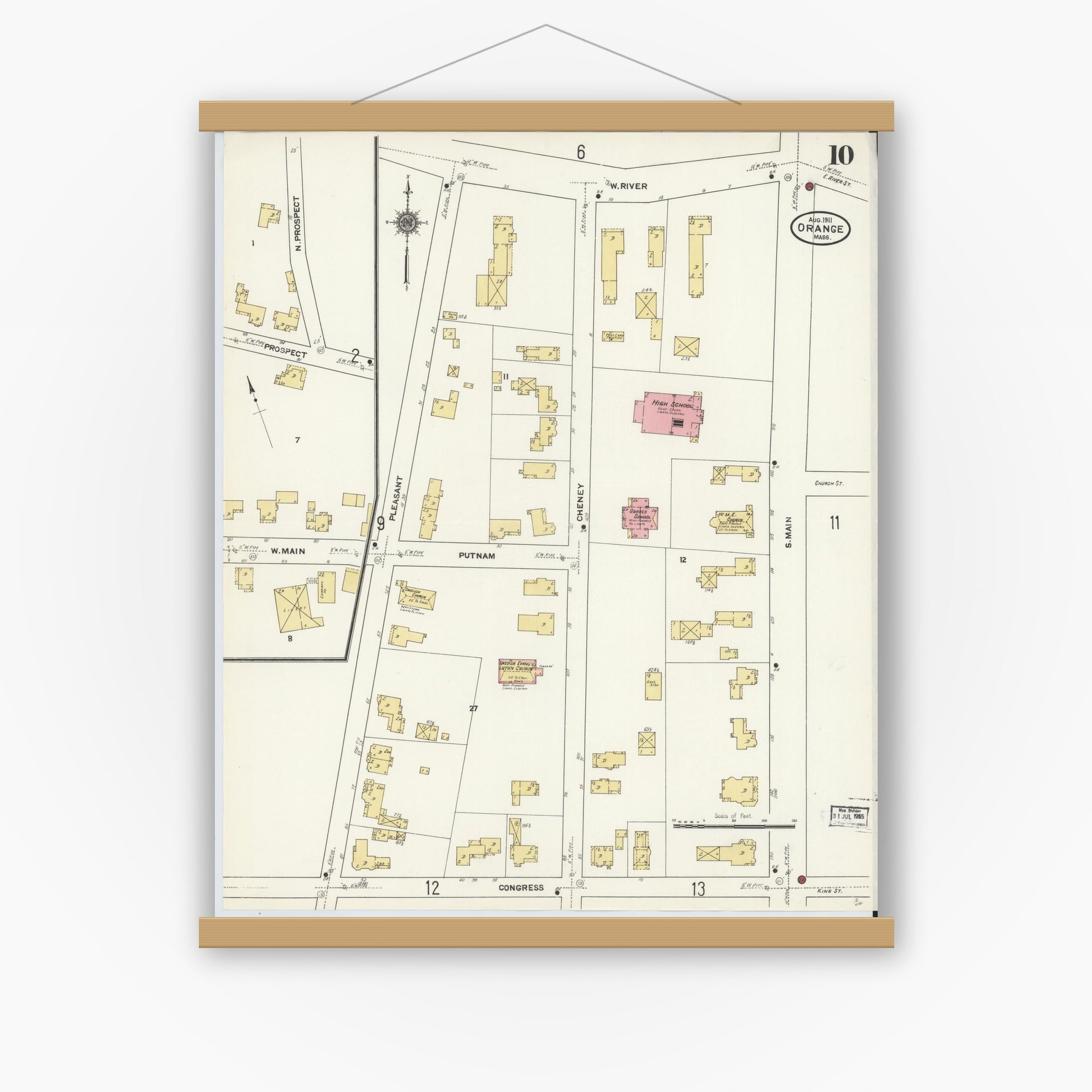 Old map wall art mockup — magnetic wood frame on white wall — Sanborn Fire Insurance Map from Orange, Franklin County, Massachusetts (1911), Sheet #0010
