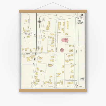 Old map wall art mockup — magnetic wood frame on white wall — Sanborn Fire Insurance Map from Orange, Franklin County, Massachusetts (1911), Sheet #0010