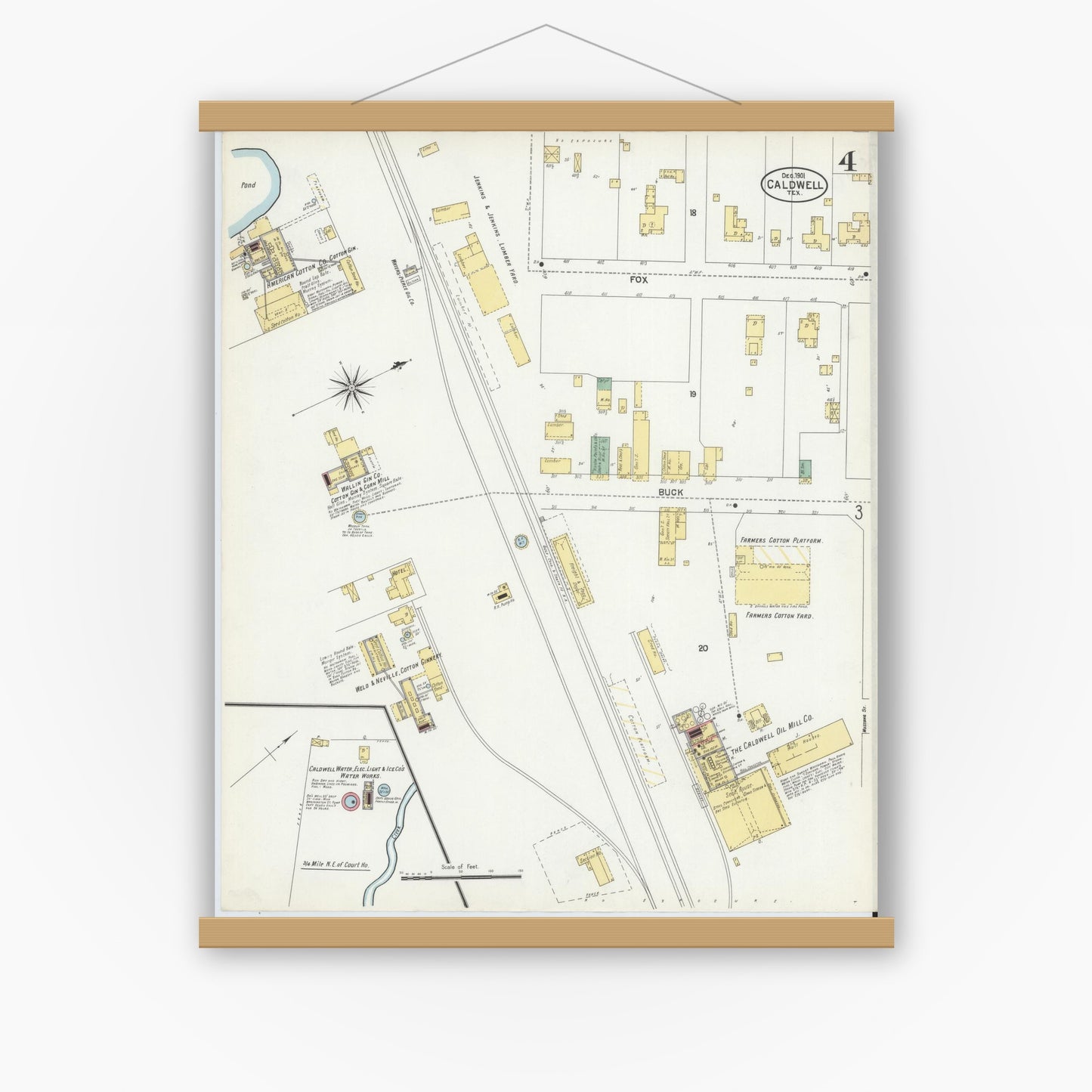 Old map wall art mockup — magnetic wood frame on white wall — Sanborn Fire Insurance Map from Caldwell, Burleson County, Texas (1901), Sheet #0004
