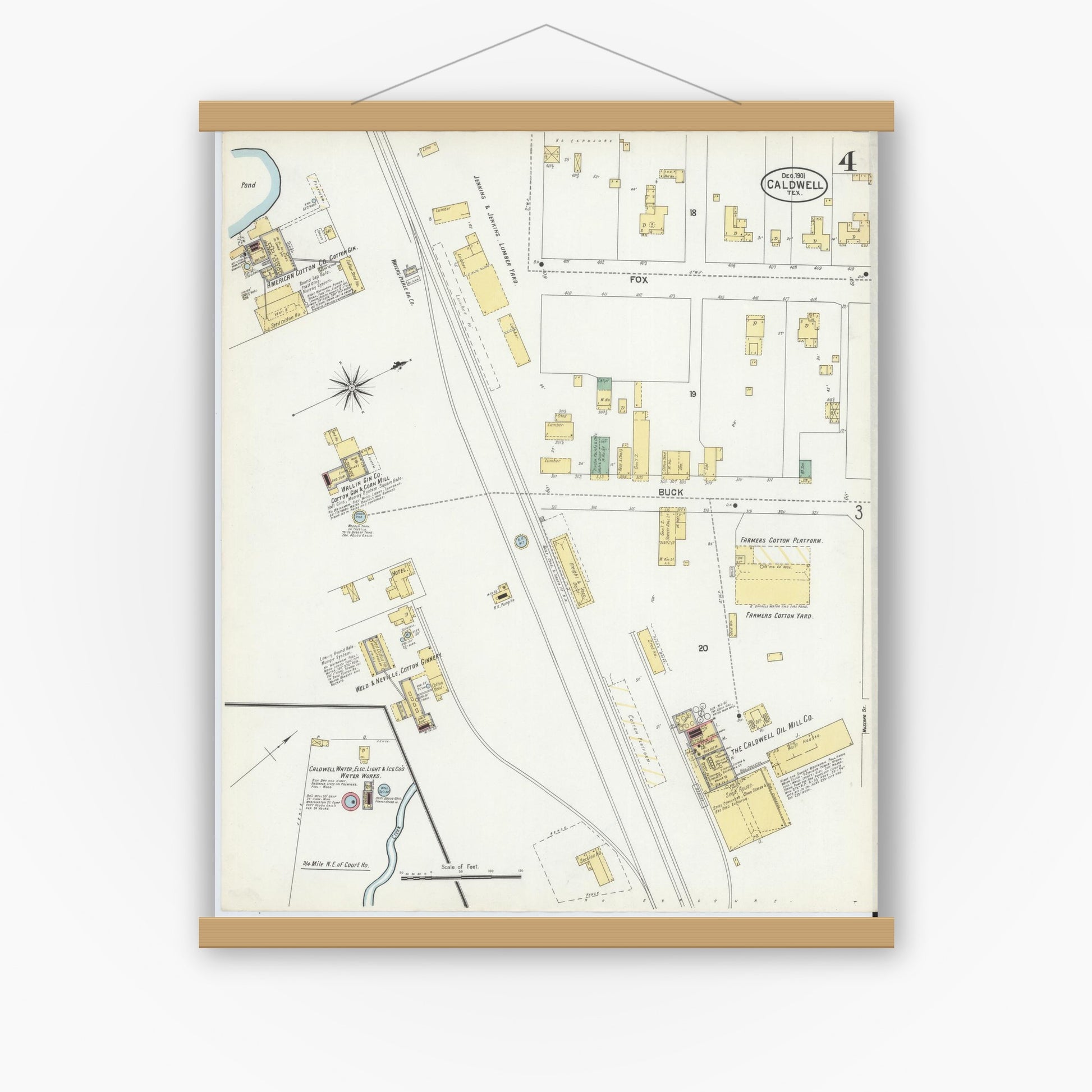 Old map wall art mockup — magnetic wood frame on white wall — Sanborn Fire Insurance Map from Caldwell, Burleson County, Texas (1901), Sheet #0004