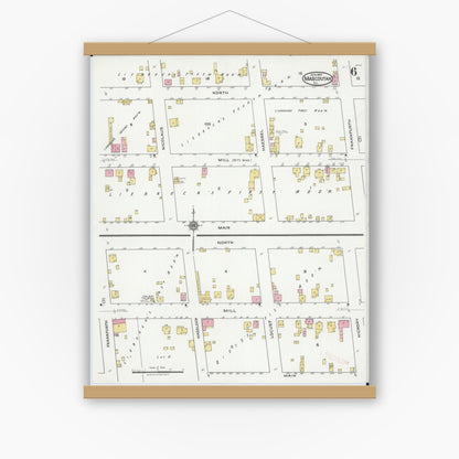 Old map wall art mockup — magnetic wood frame on white wall — Sanborn Fire Insurance Map from Mascoutah, Saint Clair County, Illinois (1921), Sheet #0006
