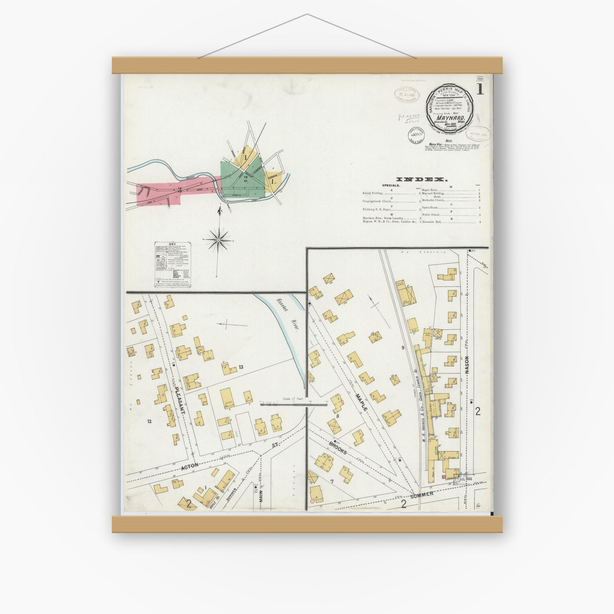 Old map wall art mockup — magnetic wood frame on white wall — Sanborn Fire Insurance Map from Maynard, Middlesex County, Massachusetts (1899) - Complete Map Set