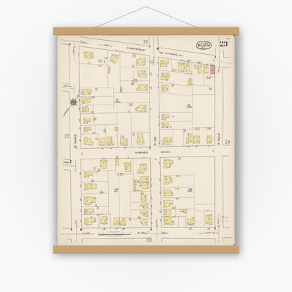 Old map wall art mockup — magnetic wood frame on white wall — Sanborn Fire Insurance Map from Wilson, Wilson County, North Carolina (1922), Sheet #0023