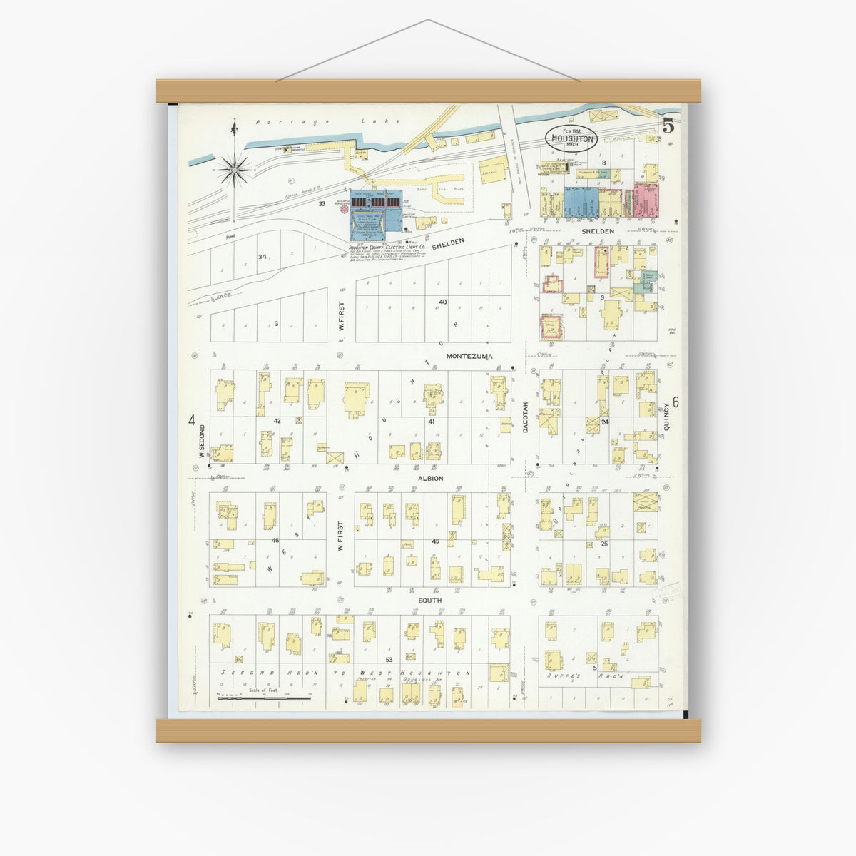 Old map wall art mockup — magnetic wood frame on white wall — Sanborn Fire Insurance Map from Houghton, Houghton County, Michigan (1908), Sheet #0005
