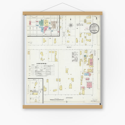 Old map wall art mockup — magnetic wood frame on white wall — Sanborn Fire Insurance Map from Jefferson, Ashtabula County, Ohio (1896), Sheet #0001