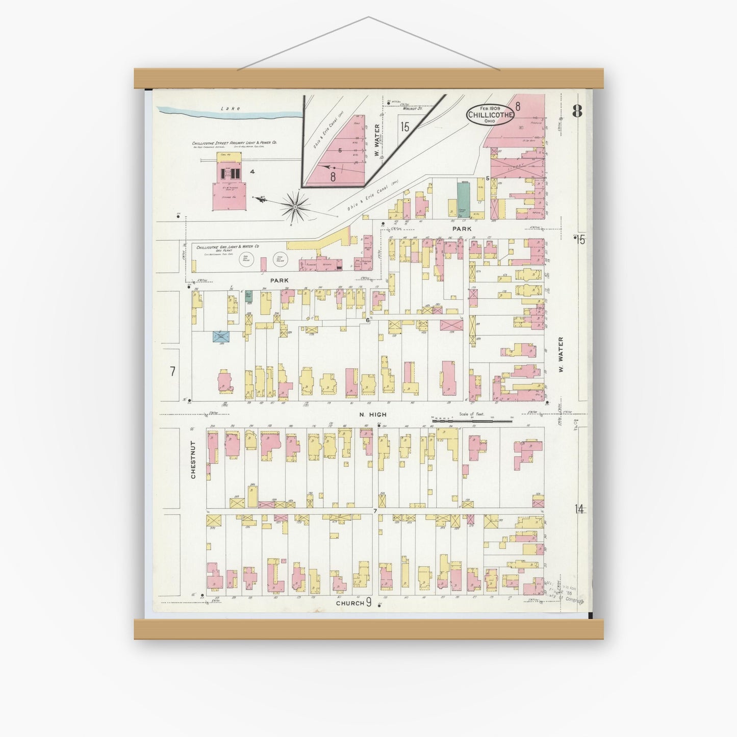 Old map wall art mockup — magnetic wood frame on white wall — Sanborn Fire Insurance Map from Chillicothe, Ross County, Ohio (1909), Sheet #0008