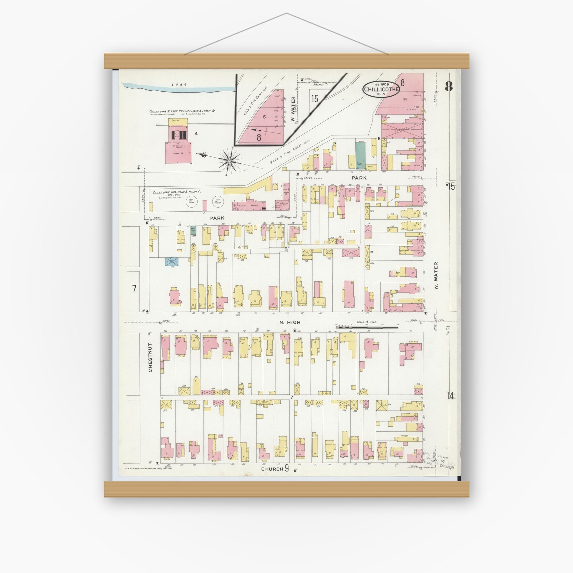 Old map wall art mockup — magnetic wood frame on white wall — Sanborn Fire Insurance Map from Chillicothe, Ross County, Ohio (1909), Sheet #0008