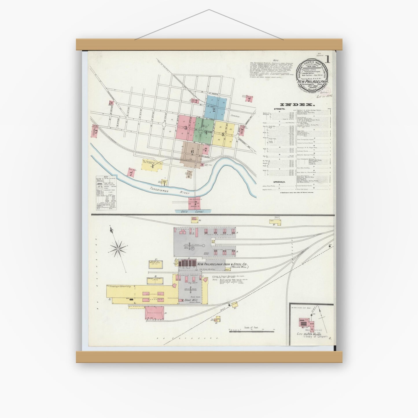 Old map wall art mockup — magnetic wood frame on white wall — Sanborn Fire Insurance Map from New Philadelphia, Tuscarawas County, Ohio (1896) - Complete Map Set