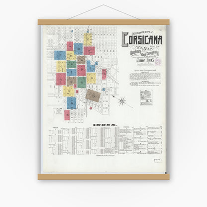 Old map wall art mockup — magnetic wood frame on white wall — Sanborn Fire Insurance Map from Corsicana, Navarro County, Texas (1905) - Complete Map Set
