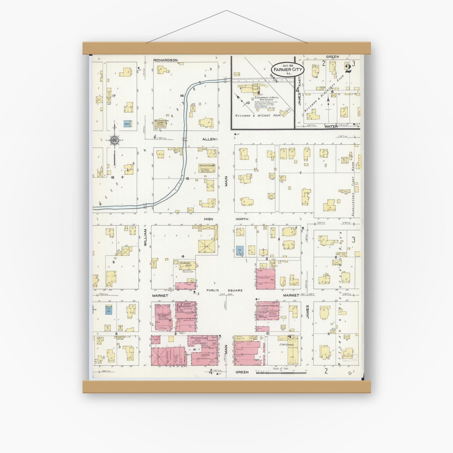 Old map wall art mockup — magnetic wood frame on white wall — Sanborn Fire Insurance Map from Farmer City, De Witt County, Illinois (1911), Sheet #0002
