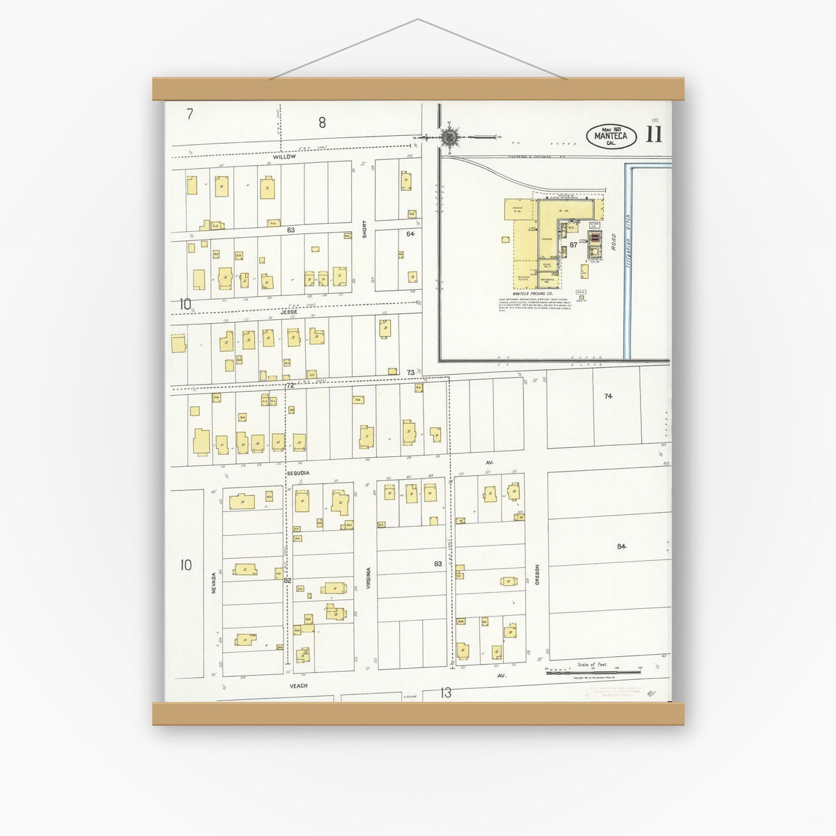 Old map wall art mockup — magnetic wood frame on white wall — Sanborn Fire Insurance Map from Manteca, San Joaquin County, California (1921), Sheet #0011