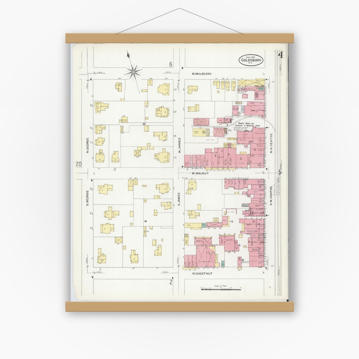 Old map wall art mockup — magnetic wood frame on white wall — Sanborn Fire Insurance Map from Goldsboro, Wayne County, North Carolina (1908), Sheet #0004