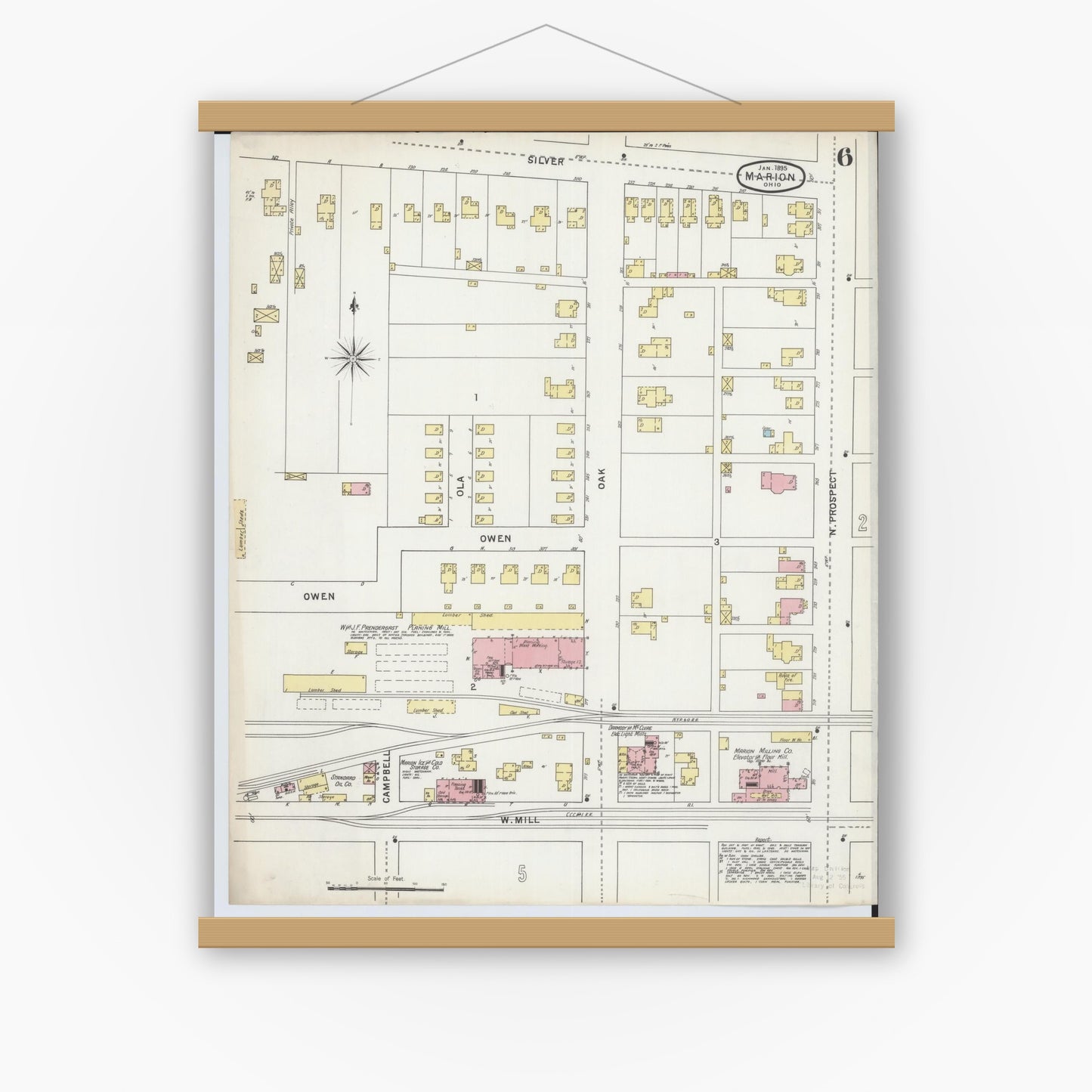 Old map wall art mockup — magnetic wood frame on white wall — Sanborn Fire Insurance Map from Marion, Marion County, Ohio (1895), Sheet #0006