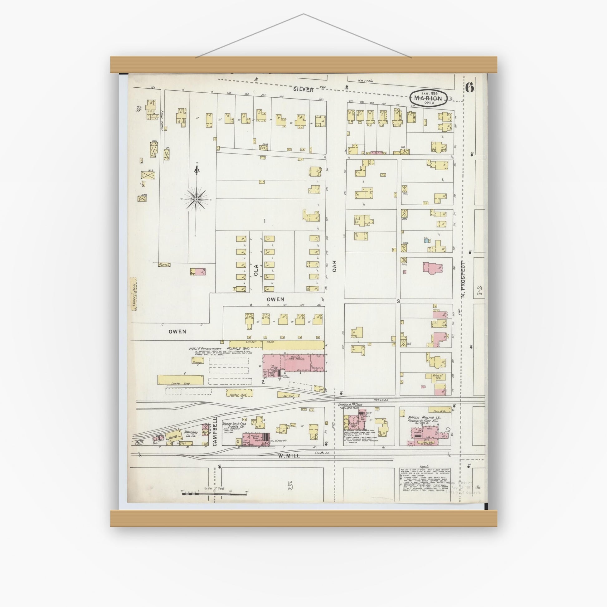 Old map wall art mockup — magnetic wood frame on white wall — Sanborn Fire Insurance Map from Marion, Marion County, Ohio (1895), Sheet #0006