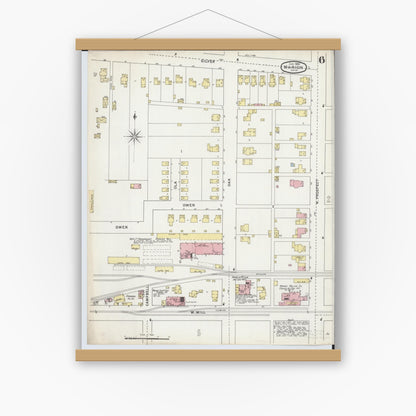 Old map wall art mockup — magnetic wood frame on white wall — Sanborn Fire Insurance Map from Marion, Marion County, Ohio (1895), Sheet #0006