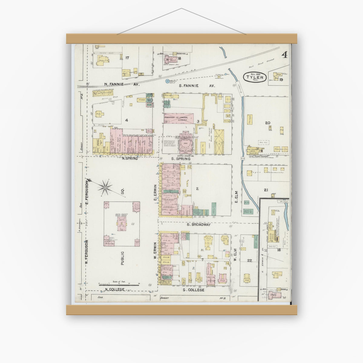 Old map wall art mockup — magnetic wood frame on white wall — Sanborn Fire Insurance Map from Tyler, Smith County, Texas (1889), Sheet #0004