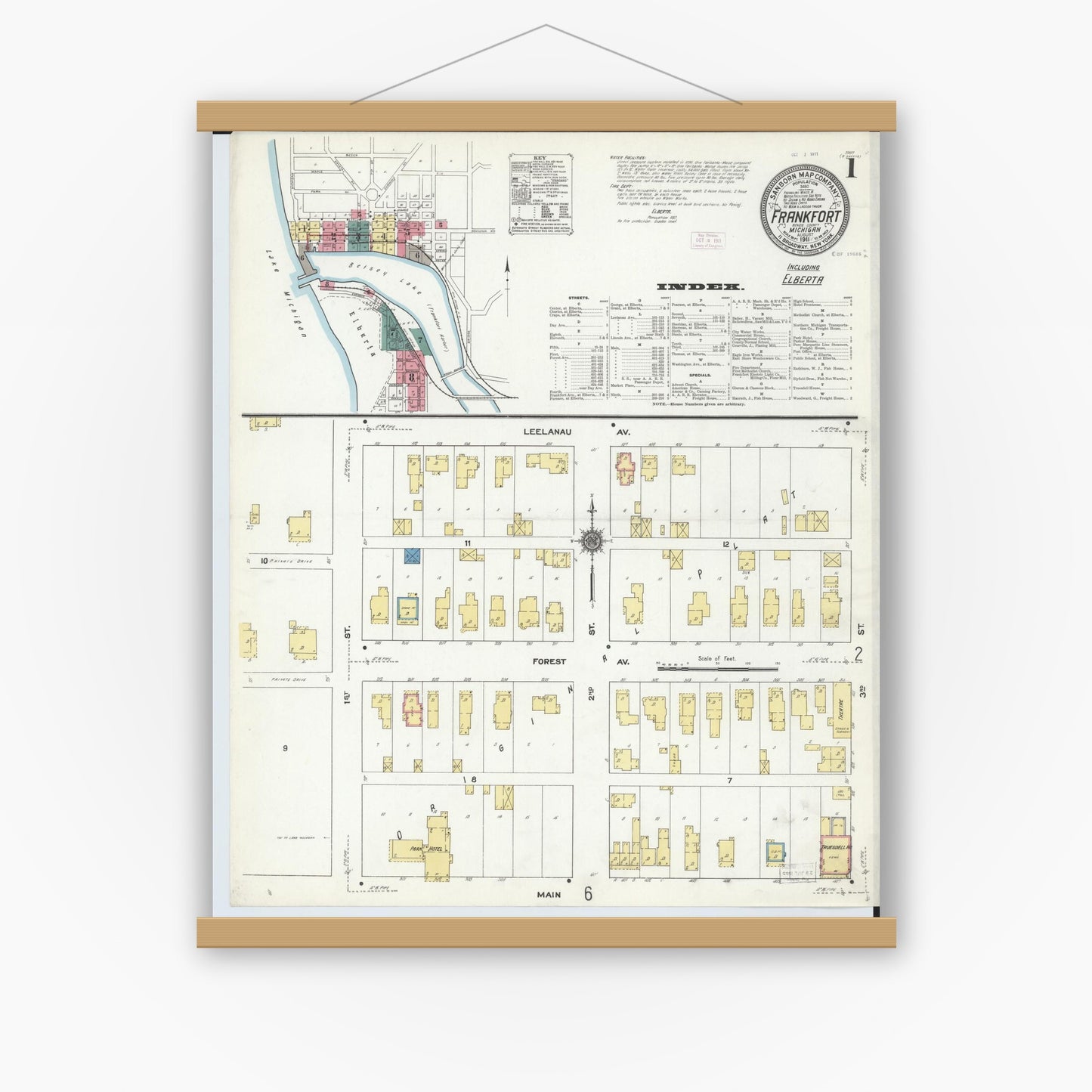 Old map wall art mockup — magnetic wood frame on white wall — Sanborn Fire Insurance Map from Frankfort, Benzie County, Michigan (1911) - Complete Map Set
