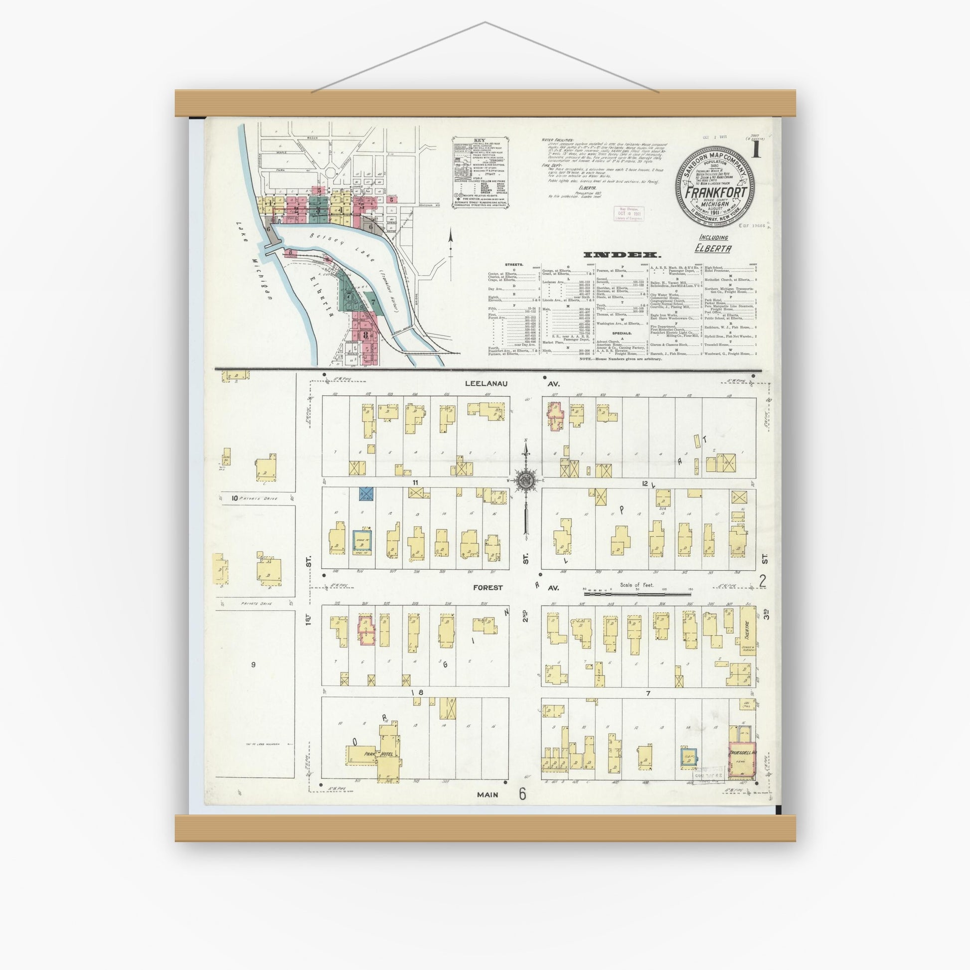 Old map wall art mockup — magnetic wood frame on white wall — Sanborn Fire Insurance Map from Frankfort, Benzie County, Michigan (1911) - Complete Map Set