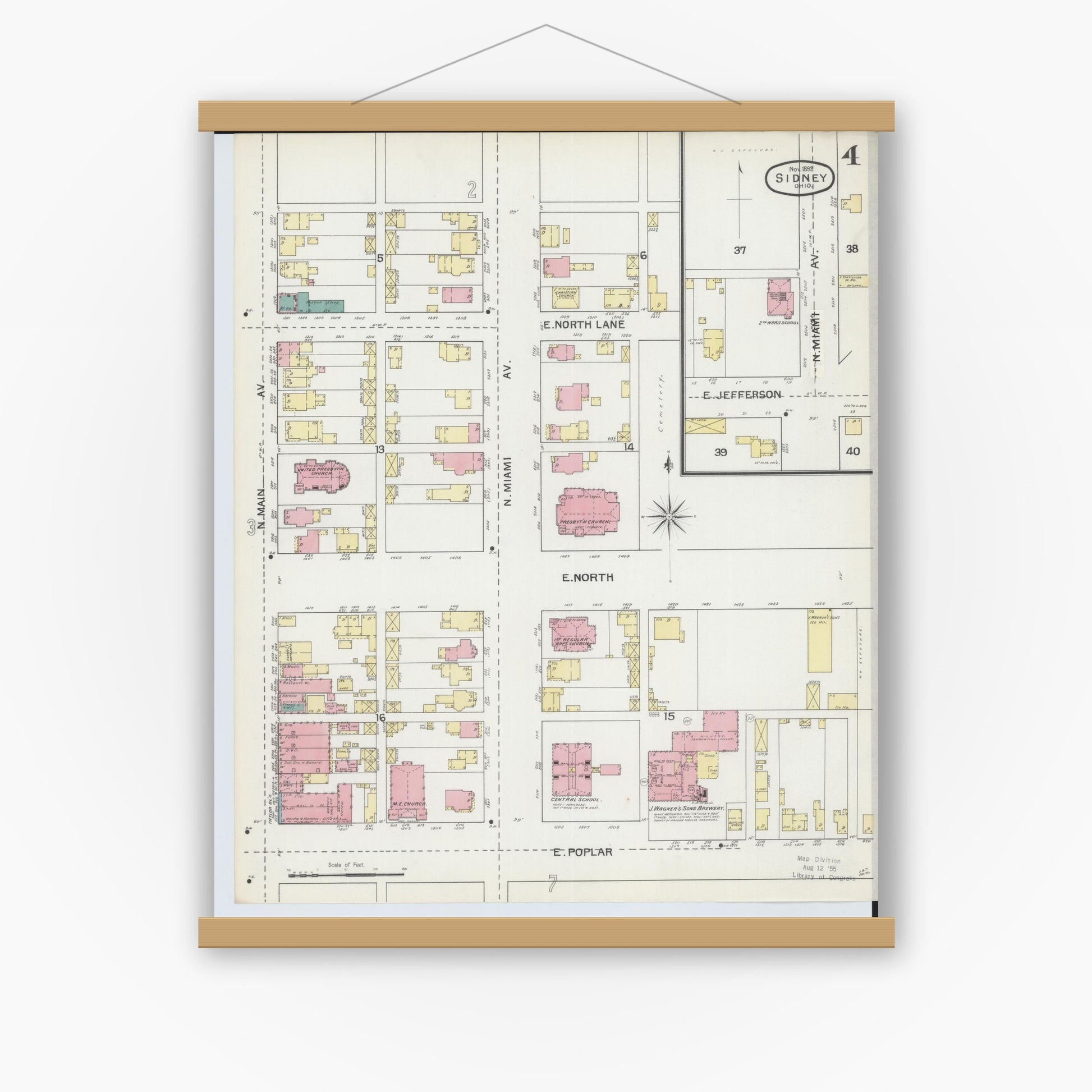 Old map wall art mockup — magnetic wood frame on white wall — Sanborn Fire Insurance Map from Sidney, Shelby County, Ohio (1892), Sheet #0004