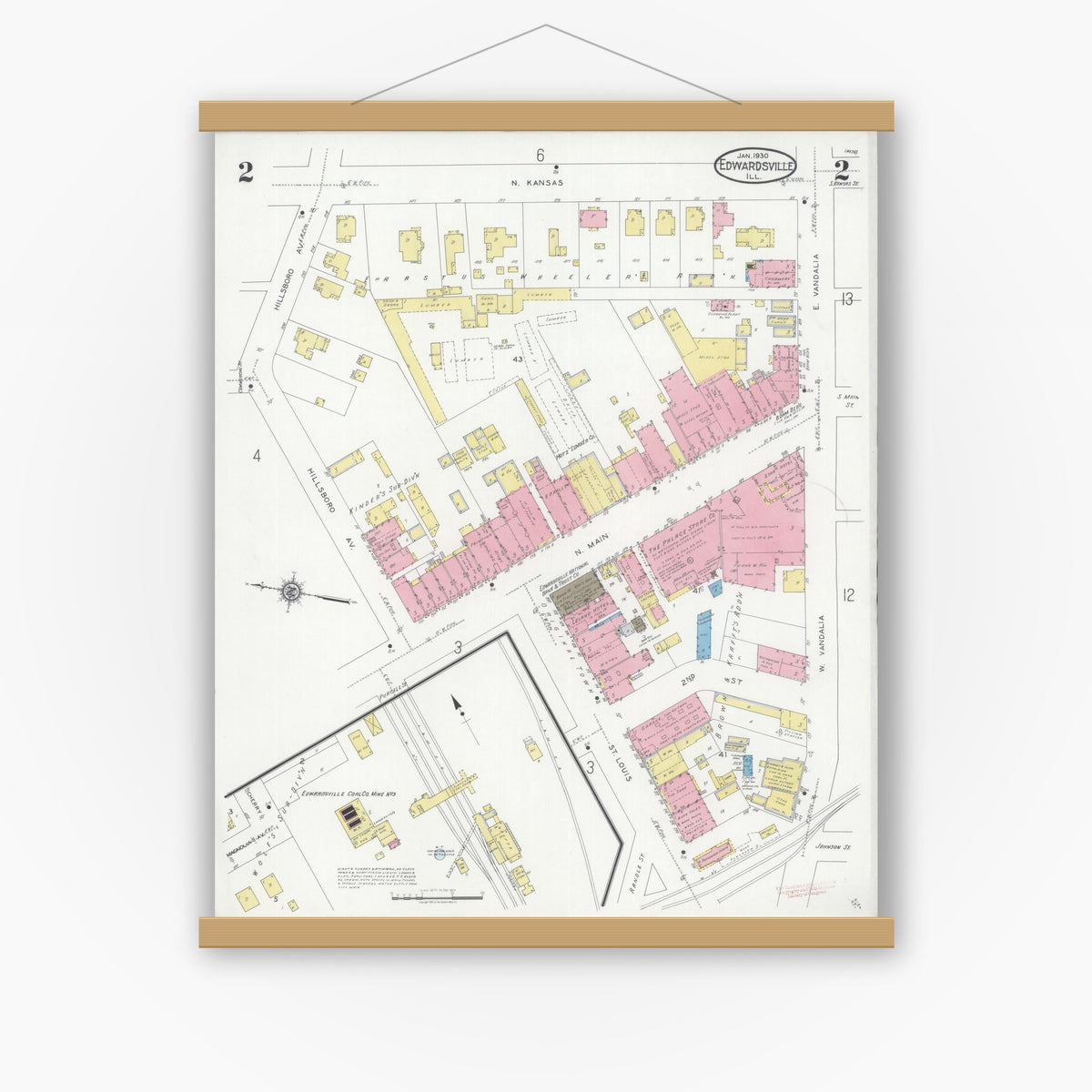 Old map wall art mockup — magnetic wood frame on white wall — Sanborn Fire Insurance Map from Edwardsville, Madison County, Illinois (1930), Sheet #0002
