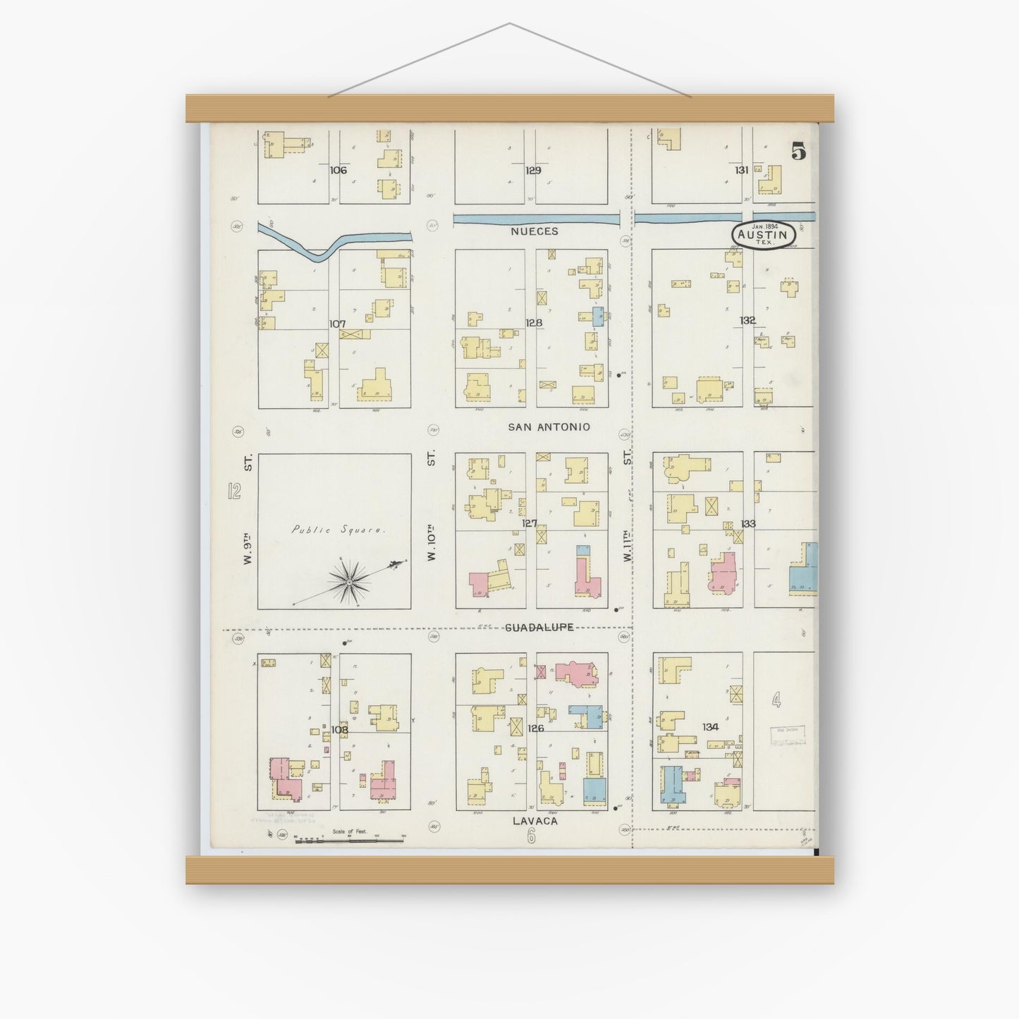 Old map wall art mockup — magnetic wood frame on white wall — Sanborn Fire Insurance Map from Austin, Travis County, Texas (1894), Sheet #0005