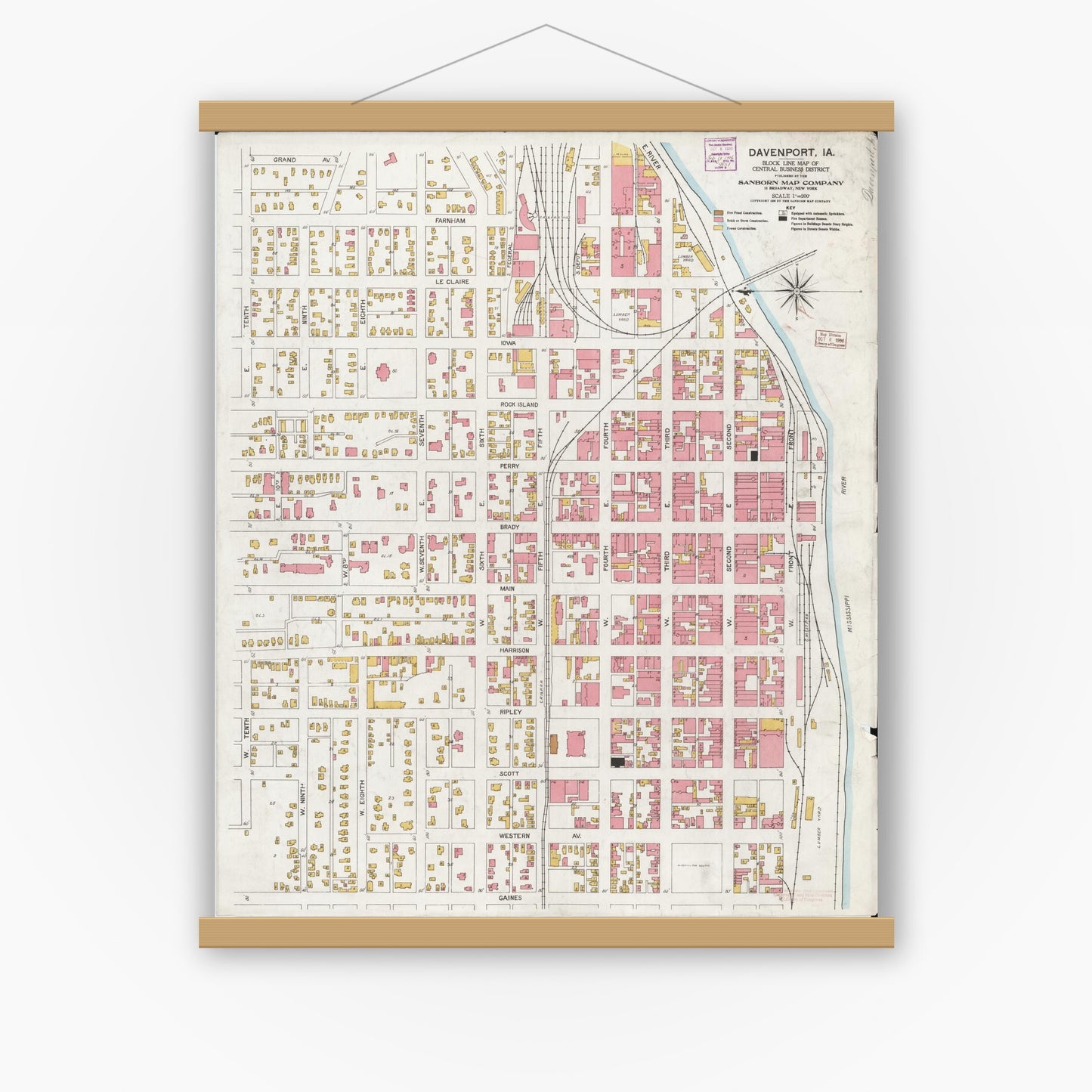 Old map wall art mockup — magnetic wood frame on white wall — Sanborn Fire Insurance Map from Davenport, Scott County, Iowa (1906), Sheet #0001