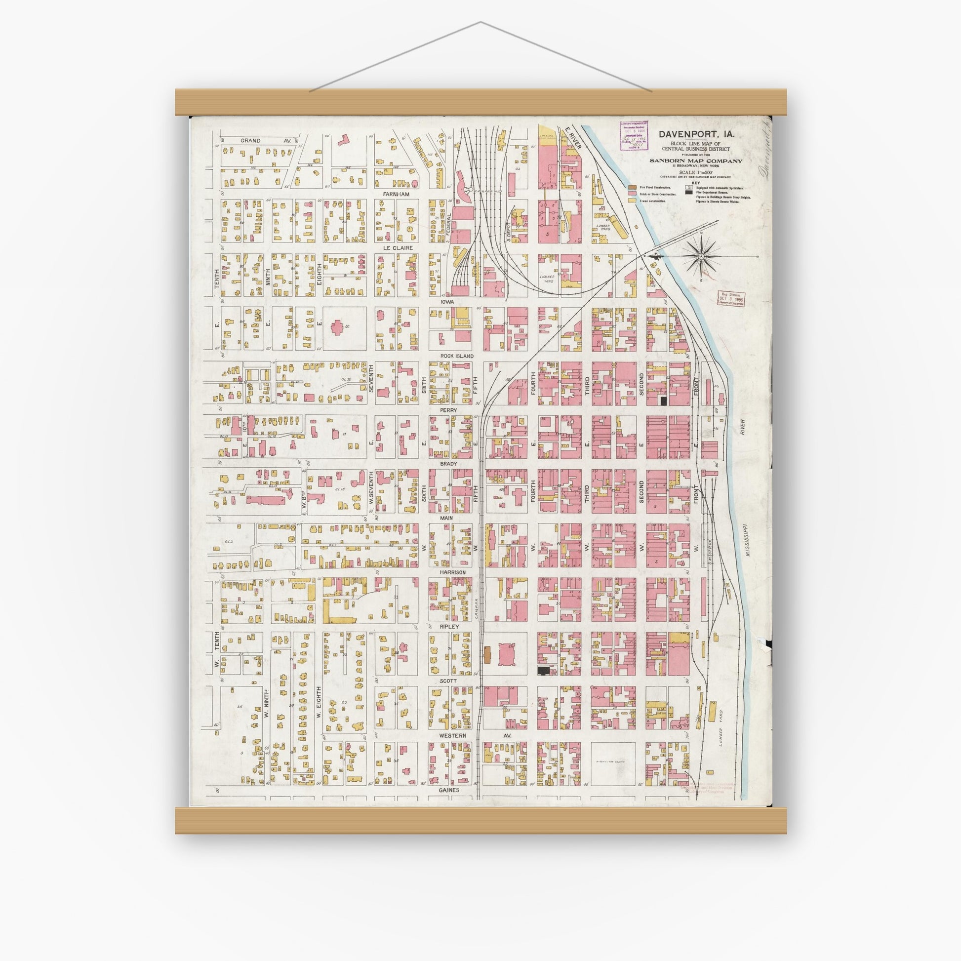 Old map wall art mockup — magnetic wood frame on white wall — Sanborn Fire Insurance Map from Davenport, Scott County, Iowa (1906), Sheet #0001
