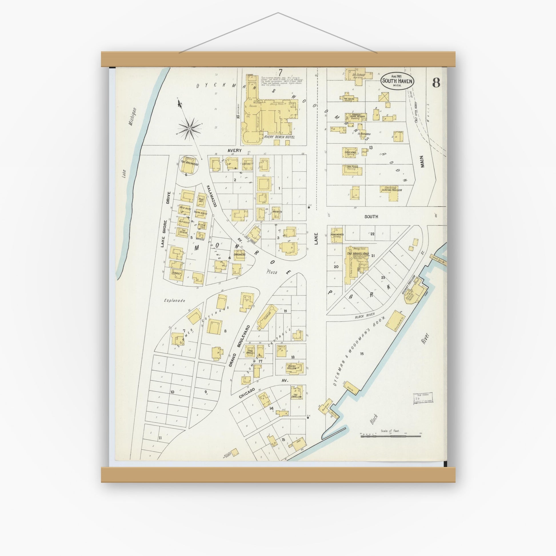 Old map wall art mockup — magnetic wood frame on white wall — Sanborn Fire Insurance Map from South Haven, Van Buren County, Michigan (1902), Sheet #0008