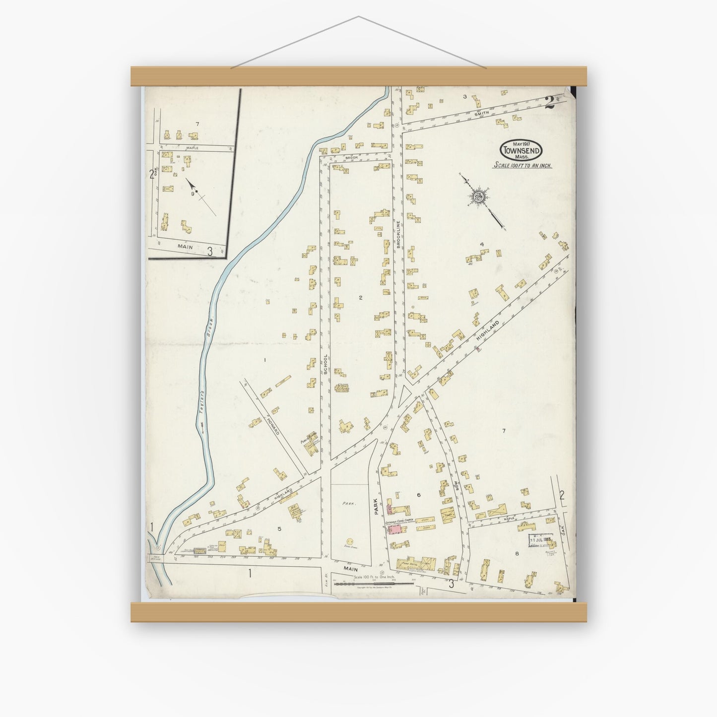 Old map wall art mockup — magnetic wood frame on white wall — Sanborn Fire Insurance Map from Townsend, Middlesex County, Massachusetts (1917), Sheet #0002