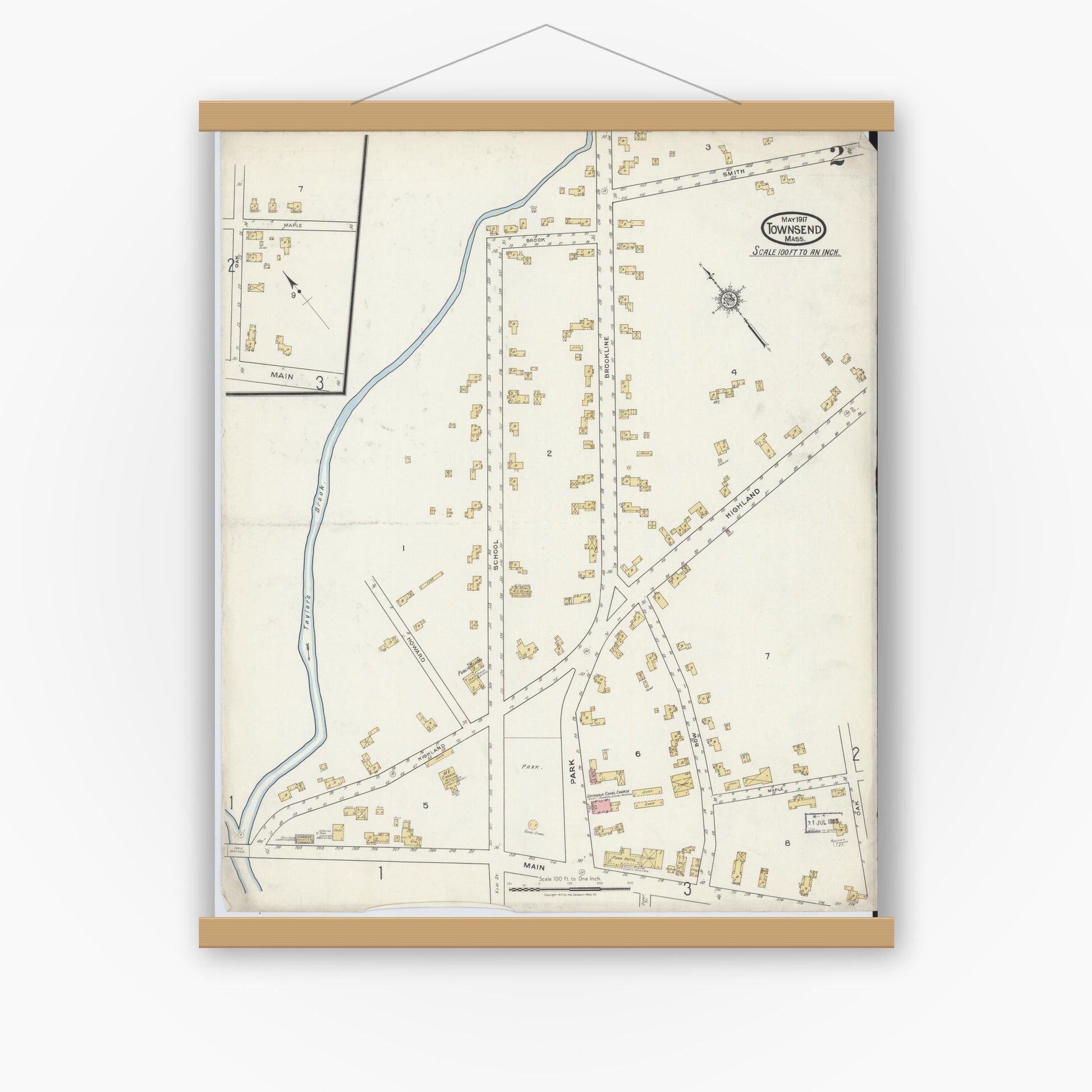 Old map wall art mockup — magnetic wood frame on white wall — Sanborn Fire Insurance Map from Townsend, Middlesex County, Massachusetts (1917), Sheet #0002